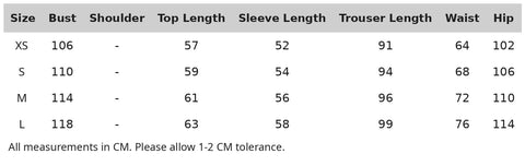 Size chart for Women's Chicory Coffee silk pajama set, in CM