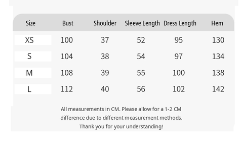 Size chart: bust, shoulder, sleeve length, dress length and hem measurements