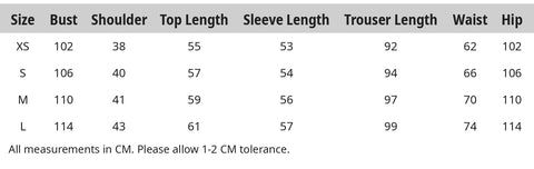Size chart for Women's black Silk Velvet pajama set, in CM