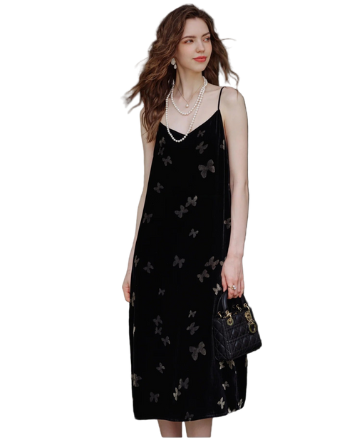 Women's Velvet Slip Dress with Silk Lining Black Cocktail Dress, Backless V-Neck Party Dress, Butterfly Jacquard, Elegant Mid-Length Evening Dress