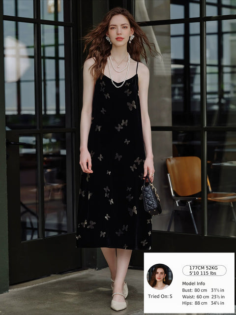 Women's Velvet Slip Dress with Silk Lining Black Cocktail Dress, Backless V-Neck Party Dress, Butterfly Jacquard, Elegant Mid-Length Evening Dress