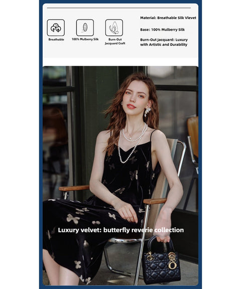 Women's Velvet Slip Dress with Silk Lining Black Cocktail Dress, Backless V-Neck Party Dress, Butterfly Jacquard, Elegant Mid-Length Evening Dress