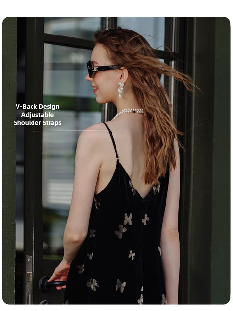 Women's Velvet Slip Dress with Silk Lining Black Cocktail Dress, Backless V-Neck Party Dress, Butterfly Jacquard, Elegant Mid-Length Evening Dress