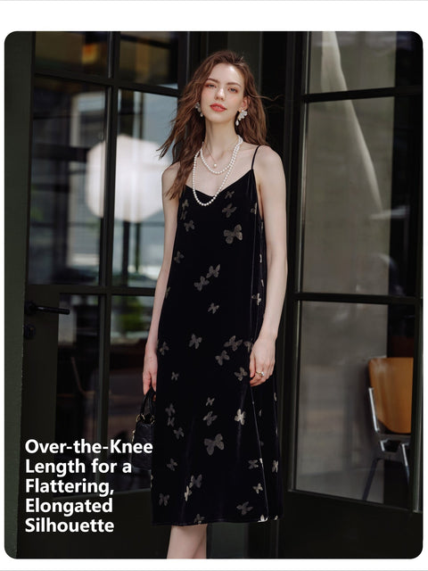 Women's Velvet Slip Dress with Silk Lining Black Cocktail Dress, Backless V-Neck Party Dress, Butterfly Jacquard, Elegant Mid-Length Evening Dress