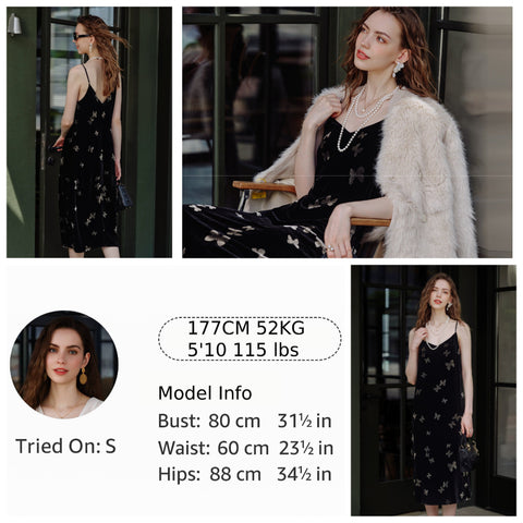 Women's Velvet Slip Dress with Silk Lining Black Cocktail Dress, Backless V-Neck Party Dress, Butterfly Jacquard, Elegant Mid-Length Evening Dress