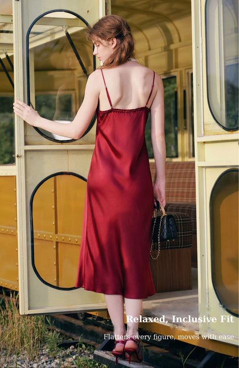 Women's 100% Mulberry Silk Slip Nightdress - Back View, Relaxed Fit