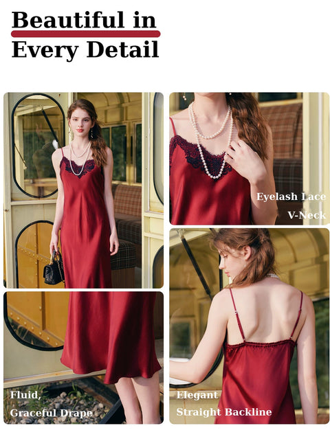 Women's 100% Mulberry Silk Slip Nightdress - Detail Views: Lace V-Neck, Drape and Backline