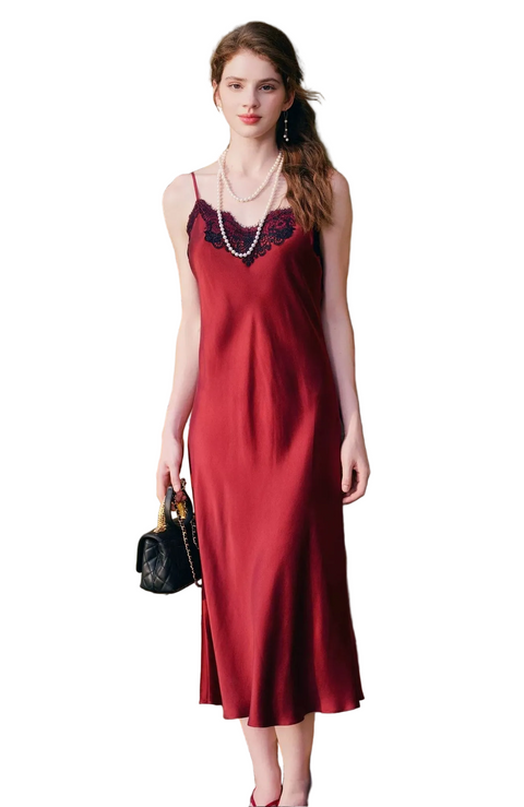 Women's 100% Mulberry Silk Slip Nightdress – Lace Trim V-Neck, Mid-Length Spaghetti Strap Loungewear