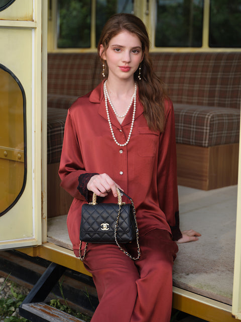 Women's 19 Momme 100% Mulberry Silk Pajama Set, Long Sleeve Button Down Shirt & Straight Pants, Luxury 2 Piece Silk Sleepwear