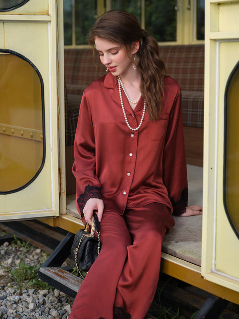 Women's 19 Momme 100% Mulberry Silk Pajama Set, Long Sleeve Button Down Shirt & Straight Pants, Luxury 2 Piece Silk Sleepwear