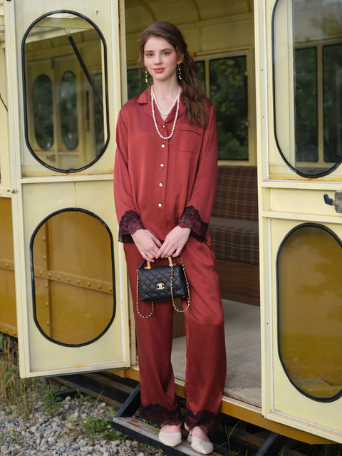 Women's 19 Momme 100% Mulberry Silk Pajama Set, Long Sleeve Button Down Shirt & Straight Pants, Luxury 2 Piece Silk Sleepwear