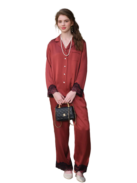 Women's 19 Momme 100% Mulberry Silk Pajama Set, Long Sleeve Button Down Shirt & Straight Pants, Luxury 2 Piece Silk Sleepwear