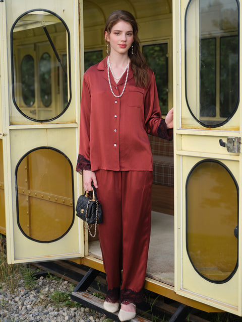 Women's 19 Momme 100% Mulberry Silk Pajama Set, Long Sleeve Button Down Shirt & Straight Pants, Luxury 2 Piece Silk Sleepwear