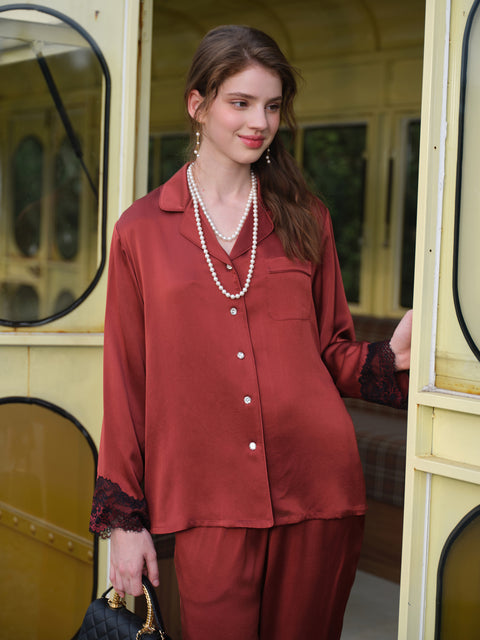 Women's 19 Momme 100% Mulberry Silk Pajama Set, Long Sleeve Button Down Shirt & Straight Pants, Luxury 2 Piece Silk Sleepwear