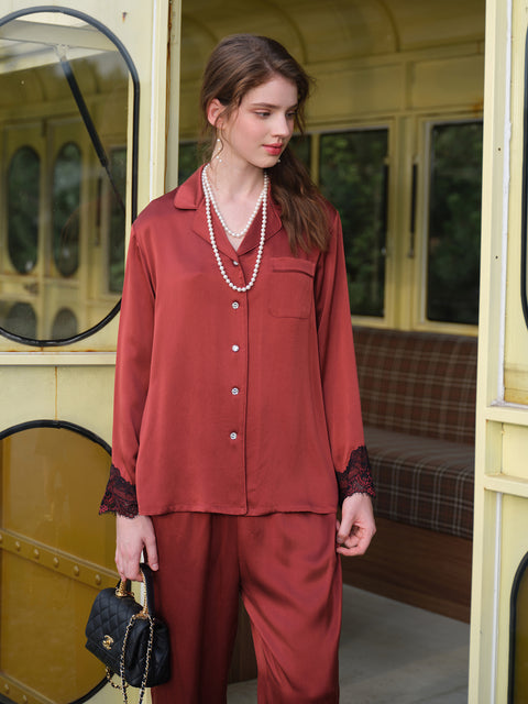 Women's 19 Momme 100% Mulberry Silk Pajama Set, Long Sleeve Button Down Shirt & Straight Pants, Luxury 2 Piece Silk Sleepwear