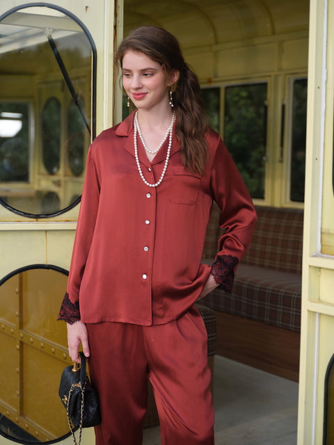 Women's 19 Momme 100% Mulberry Silk Pajama Set, Long Sleeve Button Down Shirt & Straight Pants, Luxury 2 Piece Silk Sleepwear