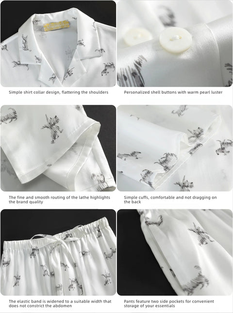 Collage of a white shirt with black patterns and matching pants, highlighting design details.