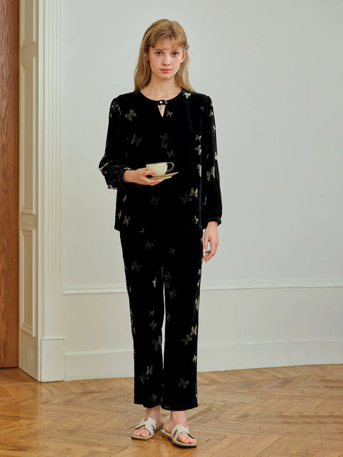 Front view of the black Silk Velvet butterfly pajama set