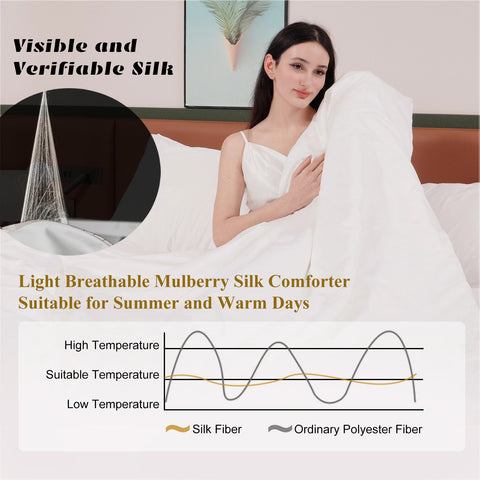 100% Silk Comforter for Sumer - Silk Filling with Cotton Cover Detachable & Machine Washable Luxury Silk Duvet Insert