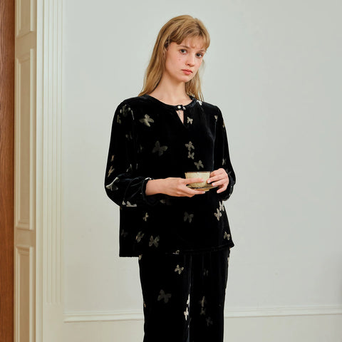 Women's black Silk Velvet butterfly pajama set, standing pose