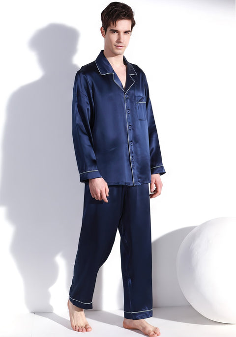 Klassisches Pyjama-Set aus Indigo-Seide für Herren, dunkelblau, Loungewear und Nachtwäsche