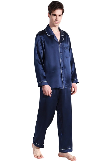 Klassisches Pyjama-Set aus Indigo-Seide für Herren, dunkelblau, Loungewear und Nachtwäsche