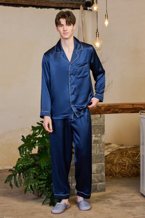 Klassisches Pyjama-Set aus Indigo-Seide für Herren, dunkelblau, Loungewear und Nachtwäsche
