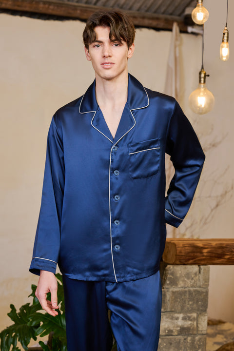 Klassisches Pyjama-Set aus Indigo-Seide für Herren, dunkelblau, Loungewear und Nachtwäsche
