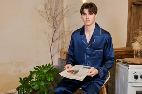 Klassisches Pyjama-Set aus Indigo-Seide für Herren, dunkelblau, Loungewear und Nachtwäsche