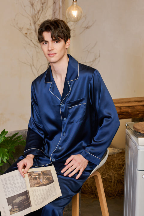Klassisches Pyjama-Set aus Indigo-Seide für Herren, dunkelblau, Loungewear und Nachtwäsche