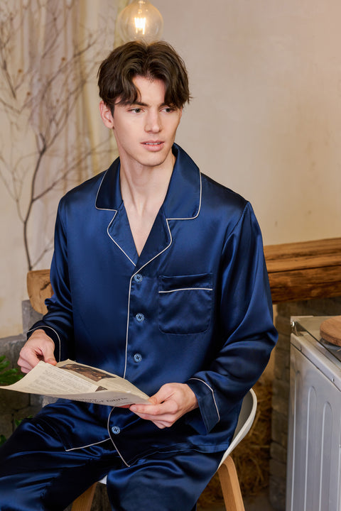 Klassisches Pyjama-Set aus Indigo-Seide für Herren, dunkelblau, Loungewear und Nachtwäsche