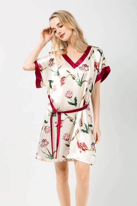 Short Sleeve V Neck Nightgown in 100% Pure Mulberry Silk for Women Loose Sleep Dress