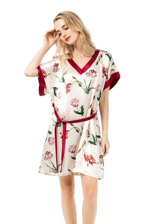Short Sleeve V Neck Nightgown in 100% Pure Mulberry Silk for Women Loose Sleep Dress