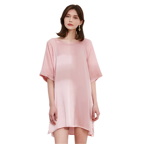 Ginell Women's 100% Silk Nightgown Short Sleeve Shirt Casual Dress and Night Shirt Lace, Silk Sleep Shirt