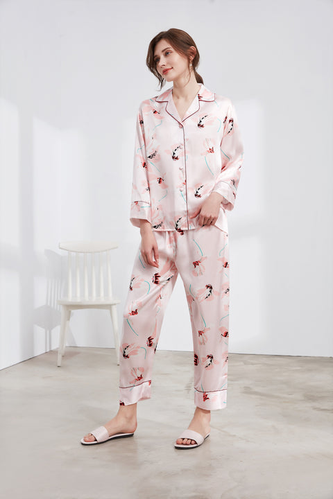Le Silk Bouquet Women's 100% Silk Pajama Set Floral Patterns