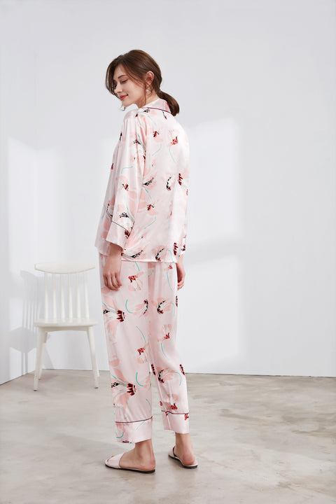 Le Silk Bouquet Women's 100% Silk Pajama Set Floral Patterns