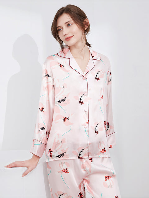 Le Silk Bouquet Women's 100% Silk Pajama Set Floral Patterns