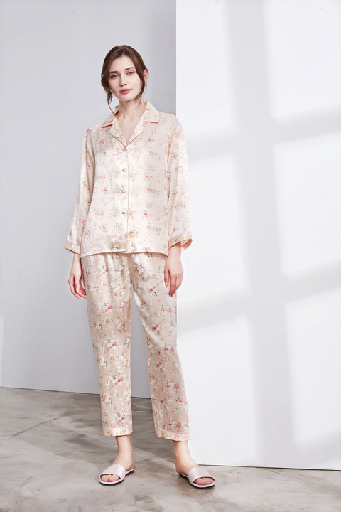 Le Silk Bouquet Women's 100% Silk Pajama Set Floral Patterns