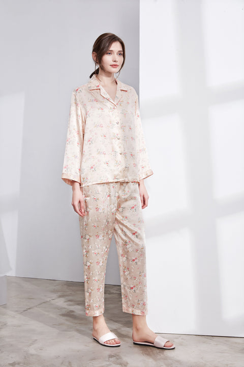 Le Silk Bouquet Women's 100% Silk Pajama Set Floral Patterns