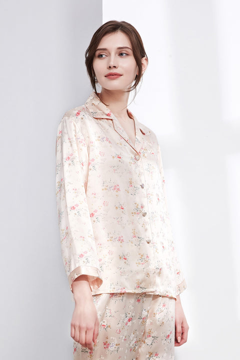 Le Silk Bouquet Women's 100% Silk Pajama Set Floral Patterns