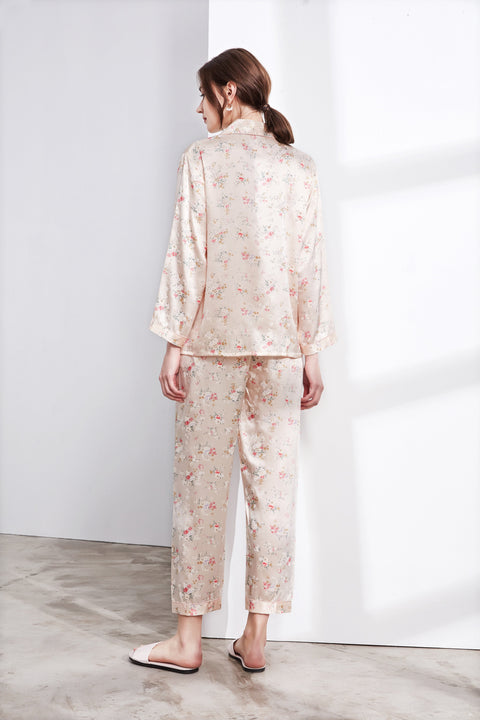 Le Silk Bouquet Women's 100% Silk Pajama Set Floral Patterns