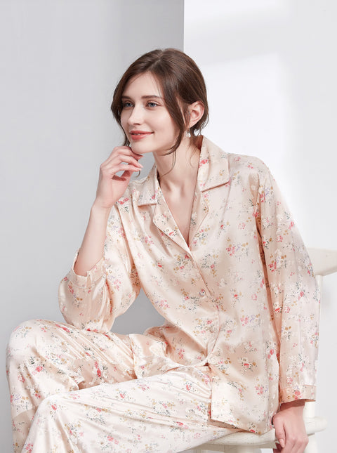 Le Silk Bouquet Women's 100% Silk Pajama Set Floral Patterns