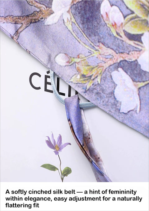 100% Mulberry Silk 19 Momme Premium-Weight Belted Dress for Women – Artistic Print Sleepwear & Loungewear, One-Size Gift