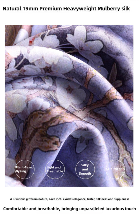 100% Mulberry Silk 19 Momme Premium-Weight Belted Dress for Women – Artistic Print Sleepwear & Loungewear, One-Size Gift