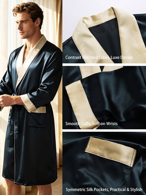 Luxury 19 Momme Mulberry Silk Robe for Men, Long Sleeve Shawl Collar Contrast Trim Bathrobe Loungewear