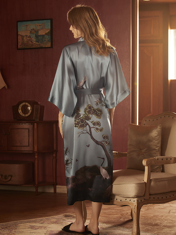 Heavy Silk Robe Kimono Floral Print Long– Ginell Silks