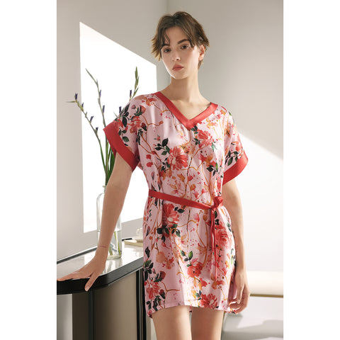 Short Sleeve V Neck Nightgown in 100% Pure Mulberry Silk for Women Loose Sleep Dress