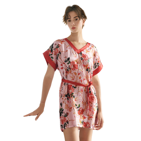 Short Sleeve V Neck Nightgown in 100% Pure Mulberry Silk for Women Loose Sleep Dress