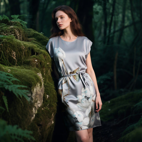 100% Mulberry Silk 19 Momme Premium-Weight Belted Dress for Women – Artistic Print Sleepwear & Loungewear, One-Size Gift