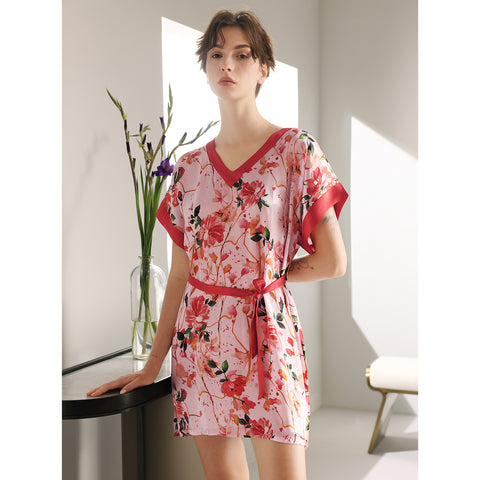 Short Sleeve V Neck Nightgown in 100% Pure Mulberry Silk for Women Loose Sleep Dress